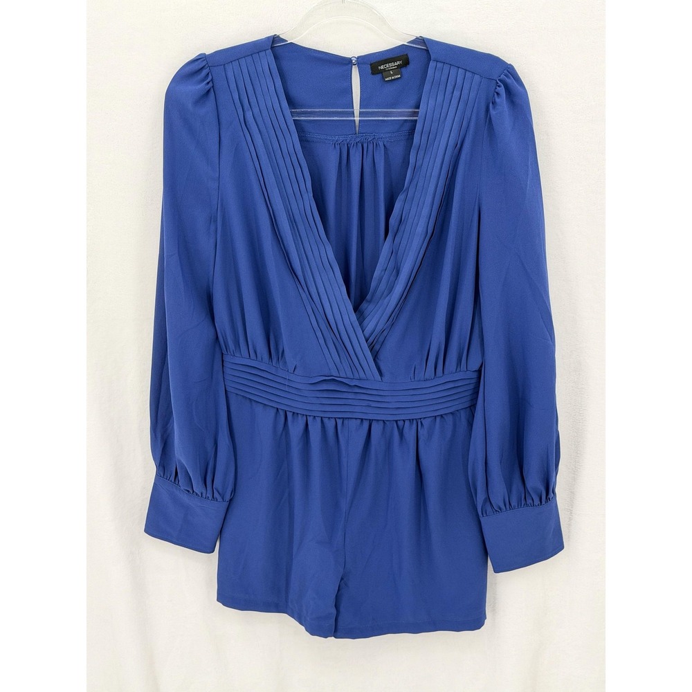 Necessary Clothing Romper‎ Womens Large Blue Pleated Long Sleeve V-Neck Summer